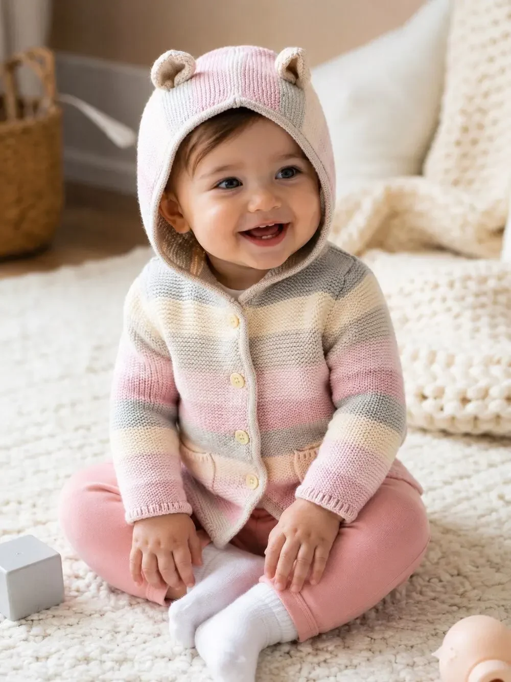 Baby Gap Pastel Striped Bear Ear Hooded Knit Cardigan 12–18 Months